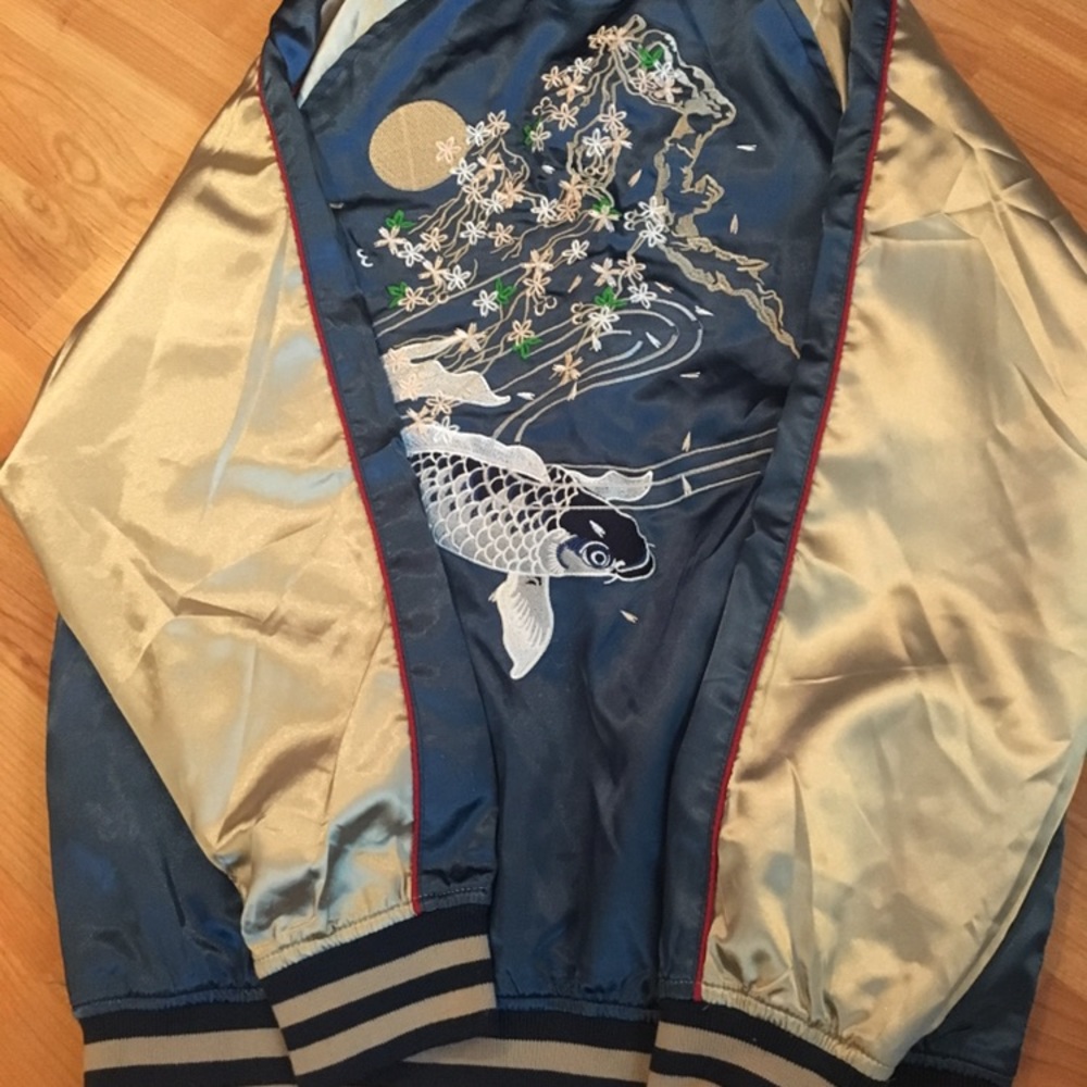 Blue Koi Fish Embroidered Bomber Jacket